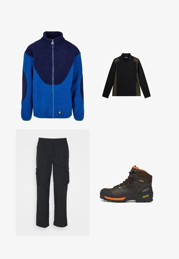 Blå og marineblå fleecejakke med høj krave, fuld frontlynlås og tekstureret stof. Har kontrasterende store paneler og et mærket patch.; Langærmet sort og olivengrøn pullover med en kort lynlås foran og et lille logo på brystet.; Sorte cargo-bukser lavet af vævet stof. Har justerbar talje, sidelommer og to værktøjslommer med lynlås.; Brun læder vandrestøvle med sorte og orange accenter, sorte snørebånd, Vibram-sål, Gore-Tex mærkat og Aigle 1853 branding på hælen.