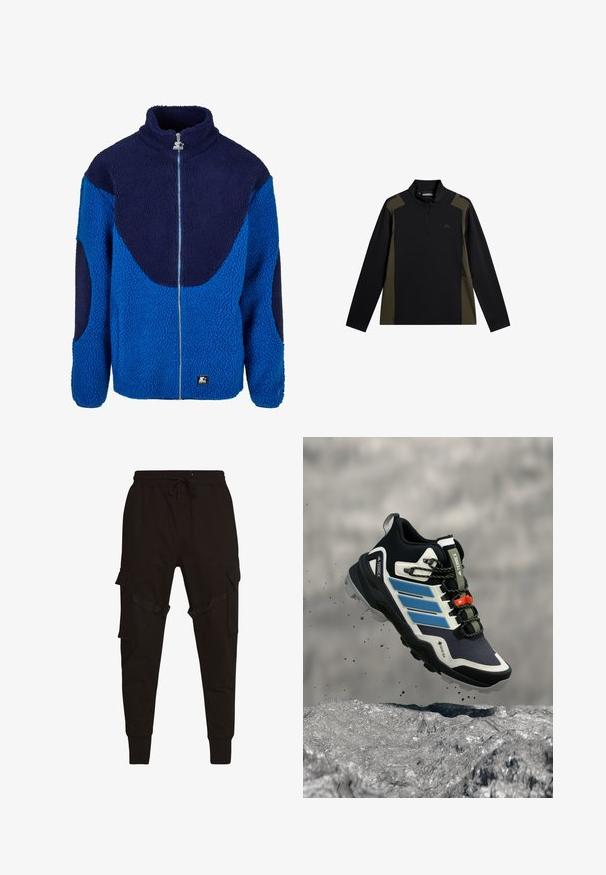 Blå og marineblå fleecejakke med høj krave, fuld frontlynlås og tekstureret stof. Har kontrasterende store paneler og et mærket patch.; Langærmet sort og olivengrøn pullover med en kort lynlås foran og et lille logo på brystet.; Sort cargo-bukser med snøre i taljen, sidelommer og strukturerede detaljer på cargo-lommerne og stropperne. Tætsiddende manchetter ved anklerne.; Sort og blå Adidas Terrex vandresko med robust sål, der svæver over klippefyldt terræn med jord, der flyver rundt.