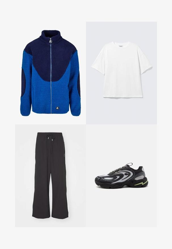 Veste en polaire bleue et marine avec un col haut, fermeture éclair sur toute la façade et un tissu texturé. Présente de grands panneaux contrastants et un écusson de marque.; T-shirt blanc oversize à manches courtes, col rond, épaules tombantes, posé à plat sur fond gris clair.; Pantalons de survêtement larges noirs avec une taille élastique et un cordon de serrage. Dotés de bandes blanches sur les côtés et de deux poches latérales. Texture lisse.; Baskets Lacoste Storm 2K noires et grises avec motifs ondulés, lacets, et une semelle épaisse avec un accent vert clair.