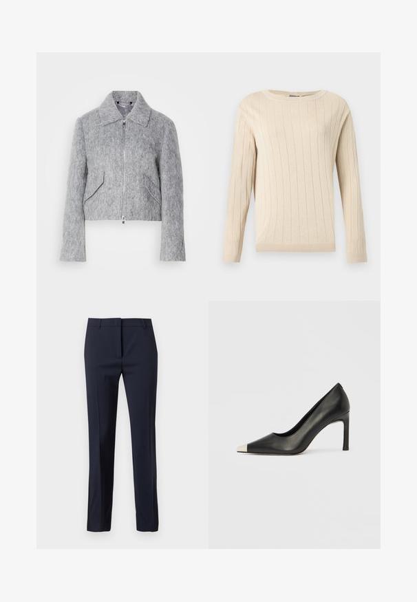 Veste grise courte en matériau feutré, avec une fermeture éclair à l'avant, un grand col et deux poches avant inclinées. Texture lisse sur toute la surface.; Pull beige à manches longues avec texture côtelée verticale, col rond, poignets et ourlet ajustés.; Pantalon droit sur mesure bleu marine avec passants pour ceinture et fermeture éclair à l'avant sur fond blanc.; Chaussure à talon haut en cuir noir avec bout pointu et capuchon argenté métallique. Présente une finition lisse et un talon fin de 10 cm.