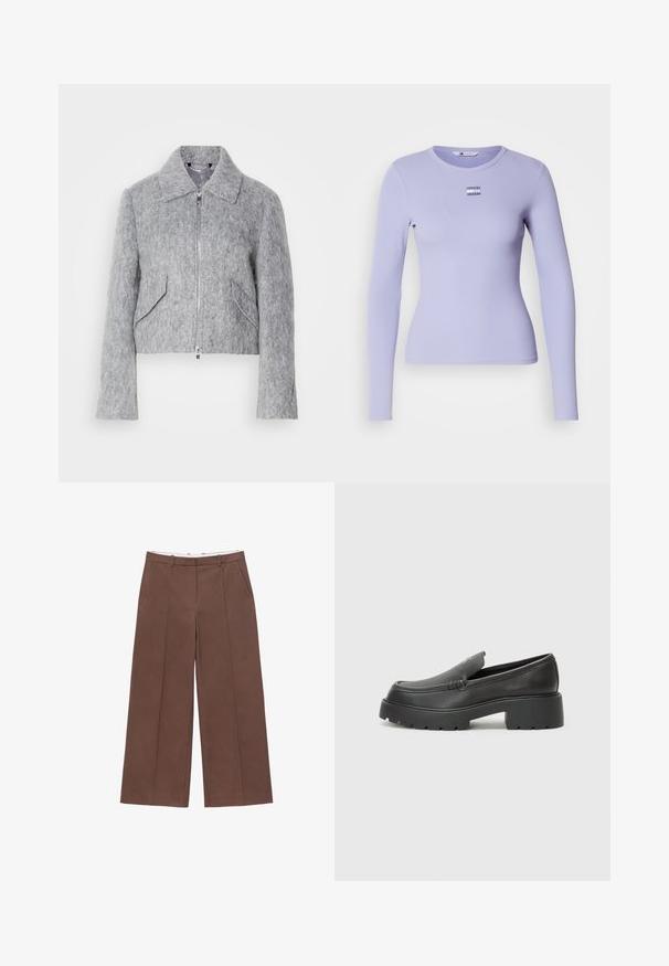 Veste grise courte en matériau feutré, avec une fermeture éclair à l'avant, un grand col et deux poches avant inclinées. Texture lisse sur toute la surface.; Haut à manches longues en jersey côtelé de couleur lavande claire, avec un col rond et une petite étiquette de marque sur la poitrine, fabriqué à partir d'un tissu doux et extensible.; Pantalon marron à jambes larges avec coutures frontales, poches latérales, passants de ceinture et fermeture frontale dissimulée, présenté à plat sur un fond blanc.; Mocassins en cuir noir avec un bout arrondi, une semelle épaisse et texturée, et des détails de couture minimalistes. Design épuré sans lacets ni métal visibles.