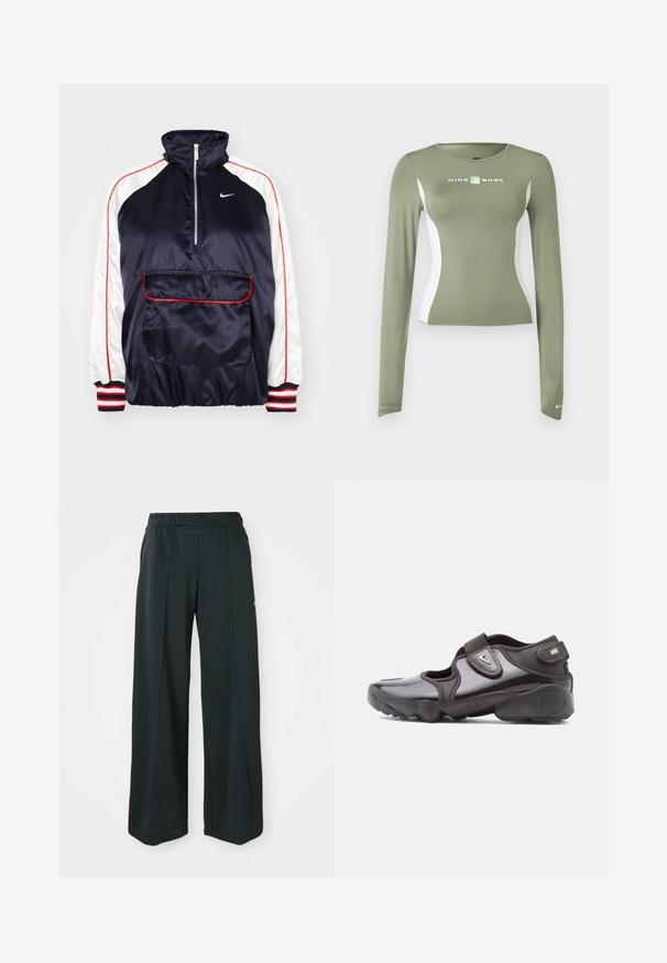 Tumesinine satiinjakk valgete varrukatega, punaste detailidega, poolelt tõmmatav krae ja esikott. Omab triibulisi ribakäiseid ja logo.; Õlivärvi rohelise pika varrukaga Nike Shox topp, valgete külgpaneelide ja neoonroheliste aktsentidega, keha järgiva lõikega ning väikese Swooshi logoga varruka mansetil.; Mustad, laiad spordipüksid elastse vööniidega. Valmistatud siledast, venivast kangast, millel on kerge esiseam ja ei ole taskuid.; Tumepruun spordijalats läikiva viimistlusega, takjakinnitusega, ümarate varbapooltega ja tekstuurse tallaga, millel on pehmendusdetailid.