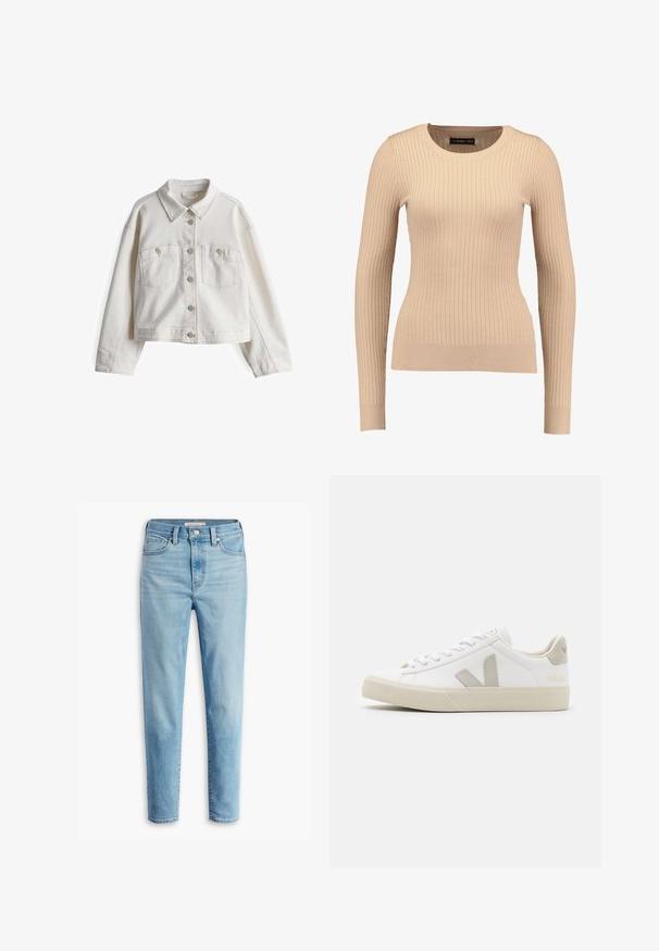 Weißer Denim-Jacke mit klassischem Kragen, frontaler Knopfleiste, zwei Brusttaschen und langen Ärmeln in taillierter Passform.; Gestreifter Langarm-Pullover in hellbeige, aus dehnbarem Stoff hergestellt. Verfügt über einen runden Ausschnitt und eine taillierte Silhouette mit bündchenartigen Manschetten.; Helle blaue, hoch geschnittene Jeans mit Fronttaschen, Gürtelschlaufen, Knopfverschluss und schmal zulaufenden Beinen vor einem weißen Hintergrund.; Weiße Sneaker aus Leder mit grauen V-Logo-Akzenten, strukturiertem Gummiabsatz, weißen Schnürsenkeln sowie gepolstertem Zungen- und Knöchelbereich.