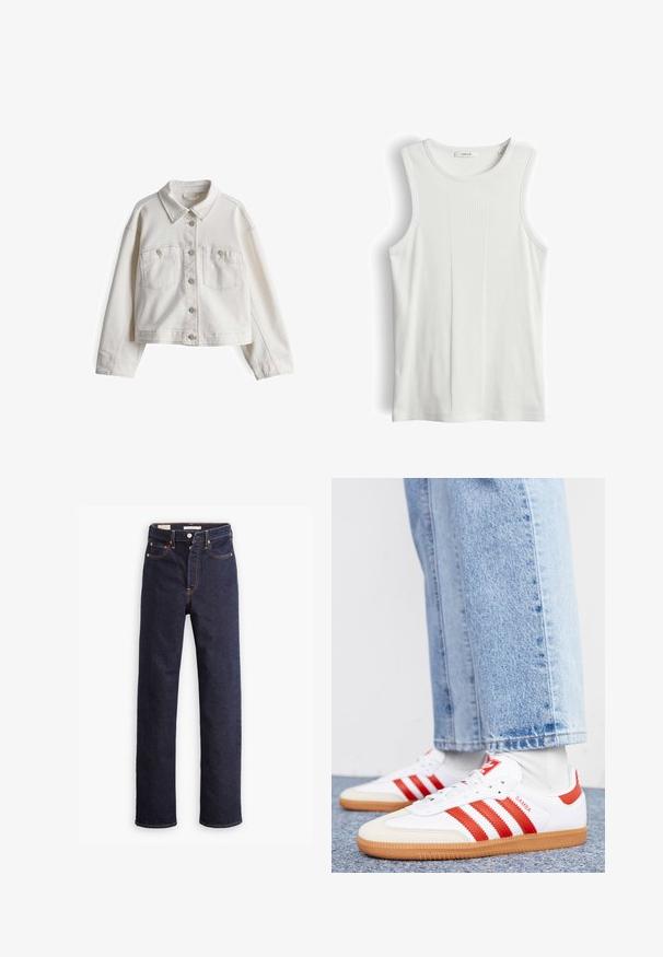 Weißer Denim-Jacke mit klassischem Kragen, frontaler Knopfleiste, zwei Brusttaschen und langen Ärmeln in taillierter Passform.; Weißes ärmelloses, geripptes Tanktop mit Rundhalsausschnitt, Größe 36, mit vertikalen strukturierten Streifen in der Mitte.; Dunkelblaue gerade geschnittene Denim-Jeans mit fünf Taschen und sichtbaren orangefarbenen Nähten auf einem weißen Hintergrund.; Weiße Leder Sneaker mit roten Streifen und Akzenten. Verfügt über eine strukturierte Gummi-Laufsohle und einen gepolsterten Schaft. Tragen mit hellblauer Jeans.