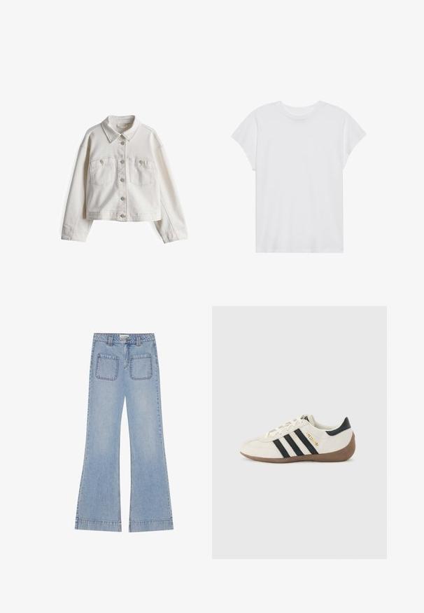 Weißer Denim-Jacke mit klassischem Kragen, frontaler Knopfleiste, zwei Brusttaschen und langen Ärmeln in taillierter Passform.; Weißes kurzärmliges T-Shirt mit Rundhalsausschnitt, lockerer Passform, aus weichem Baumwollstoff. Glatte Textur, keine Muster oder Logos.; Helle blaue, ausgestellte Jeans mit hoher Taille, ausgestattet mit zwei Gesäßtaschen und sichtbaren Nähten entlang der Nähte.; Weißer Adidas-Sneaker mit schwarzen Streifen, brauner strukturierter Sohle und goldener Aufschrift "SPEZIAL" an der Seite, von der Außenseite betrachtet.