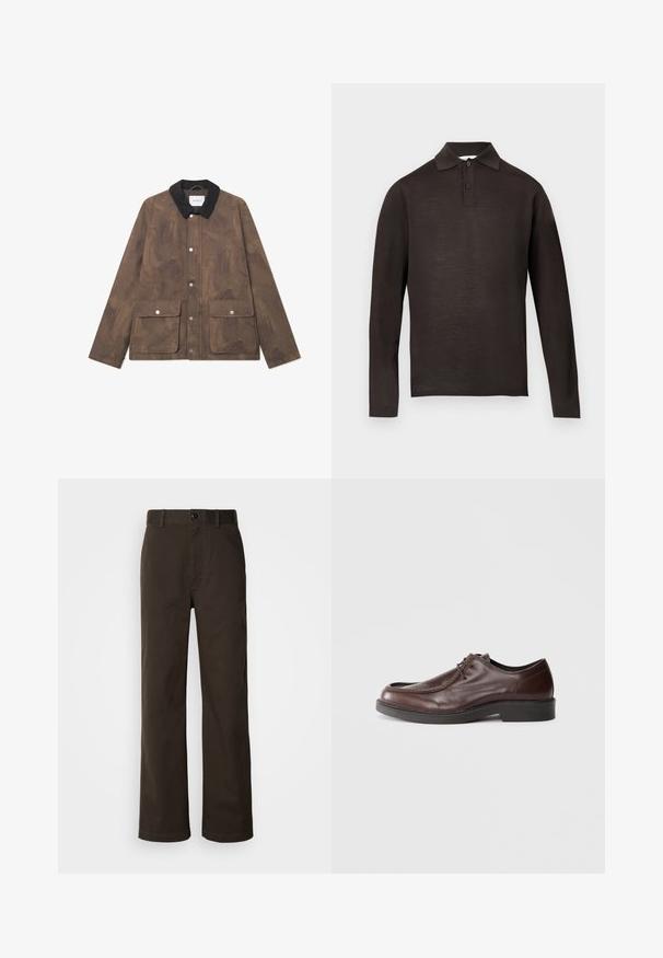 Chaqueta marrón texturizada con un cuello de pana negro, cierres de presión en el frente y dos grandes bolsillos. Diseño minimalista y forma moderna.; Polo de manga larga de color marrón oscuro hecho de tela suave, con cuello puntiagudo y tapeta con tres botones. Textura lisa sin estampados.; Pantalones de algodón marrón con un diseño de pierna recta, que cuentan con un cierre de botón, lazos para cinturón y detalles de costura mínimos.; Zapato de vestir de cuero marrón con punta redonda, acentos de costura mínimos y una suela negra resistente. Presenta un cierre con cordones y una textura suave.