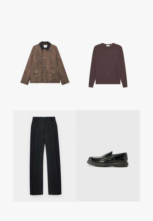 Chaqueta marrón texturizada con un cuello de pana negro, cierres de presión en el frente y dos grandes bolsillos. Diseño minimalista y forma moderna.; Suéter marrón de manga larga hecho de un tejido suave, con cuello redondo, puños acanalados y dobladillo recto. Diseño minimalista, sin patrones.; Pantalones negros de corte recto a medida con pliegues frontales, trabillas para cinturón y cierre de botón en la pretina.; Mocasín de cuero negro con un acabado brillante, punta redondeada, detalles de costura sutiles y una suela de goma gruesa para mayor durabilidad.