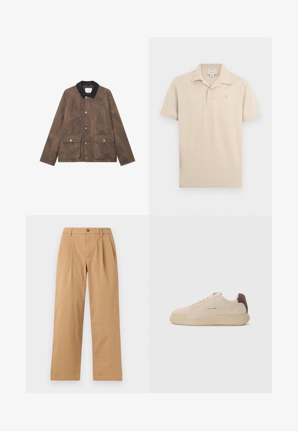 Bruine, textuurstof jas met een zwarte corduroy kraag, drukknopen aan de voorkant en twee grote zakken. Minimalistisch ontwerp en moderne vorm.; Beige korte mouwen polo met twee knopen, kraag en een klein geborduurd "ck" logo op de linkerborst.; Lichtbruine broek met rechte pijpen, voorplooien, riemlussen en een knoopsluiting in de tailleband, afgebeeld tegen een effen achtergrond.; Beige suède sneakers met een ronde neus, vetersluiting aan de voorkant en een bruine suède accent op de hiel. Beschikt over een gestructureerde rubberen zool.
