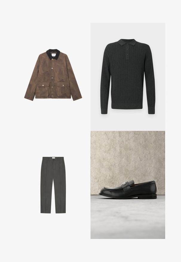 Braune, strukturierte Jacke mit schwarzem Cordkragen, vorderen Druckknopfverschlüssen und zwei großen Taschen. Minimalistisches Design und moderne Form.; Dunkelgraues Langarmpolo mit gerippter Textur, Kragen und einer Knopfleiste mit drei Knöpfen. Einfaches Design, aus einem weichen Stoff gefertigt.; Dunkelgraue, maßgeschneiderte Hose mit vorderen Falten, Gürtelschlaufen, Seitentaschen sowie Knopf- und Reißverschluss.; Schwarzer Lederloafer mit einer Metallmarkenplatte, der nahe einem braunen runden Tisch auf beigem Teppichboden ruht.