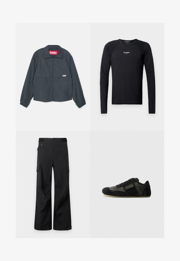 Schwarze Zip-Jacke mit hohem Kragen, ausgestattet mit zwei Fronttaschen, elastischen Bündchen und einem roten Etikett im Kragen.; Schwarzes, langärmliges Sportshirt aus glattem, leichtem Stoff. Besitzt einen Rundhalsausschnitt, Raglanärmel und ein dezentes Logo auf der Brust.; Schwarze Cargo-Hosen aus einem glatten, wasserabweisenden Stoff. Merkmale sind weit geschnittene Beine, mehrere Seitentaschen und ein flacher Bund mit dezentem Branding.; Schwarze Sneaker aus Wildleder und Leder. Sie verfügen über ein niedriges Profil, eine abgerundete Spitze, ein Schnürdesign und strukturierte Akzente. Die Sohlen haben ein rutschfestes Muster.