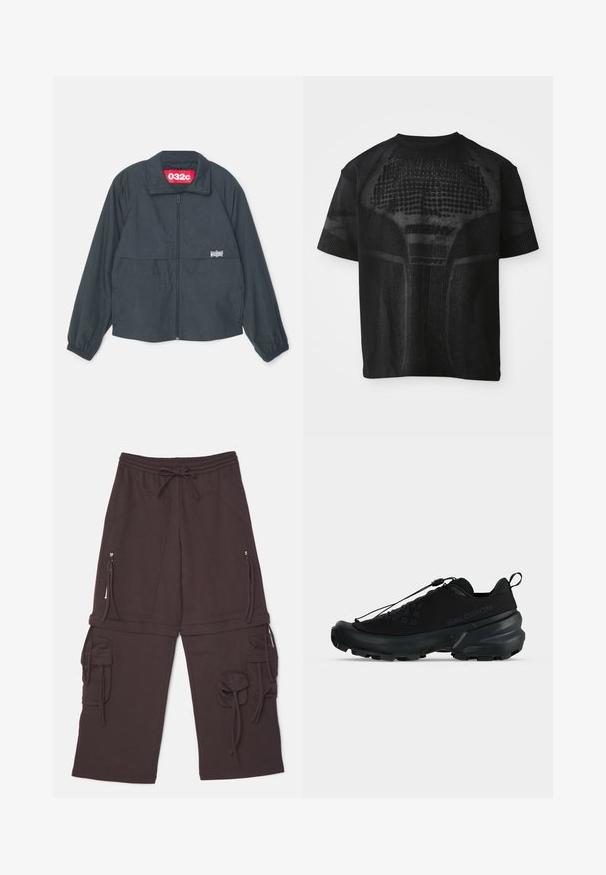 Chaqueta negra con cremallera y cuello alto, que cuenta con dos bolsillos frontales, puños elásticos y una etiqueta roja en el interior del cuello.; Camiseta deportiva negra de manga corta con patrón texturizado y sutil texto "MISBHV SPORT" en el frente.; Pantalones de chándal marrones con cinturilla elástica, cordón ajustable, dos bolsillos laterales con cremallera y detalles estilo cargo con lazos.; Zapatilla baja negra de Salomon con suela resistente, sistema de cordones de tirón rápido y logo de marca sutil en el lateral.
