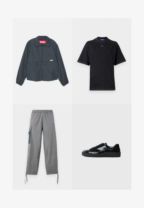Black zip-up jacket with a high collar, featuring two front pockets, elastic cuffs, and a red label inside the collar.; Black short-sleeve T-shirt with a crew neck, featuring contrast stitching and a small logo on the chest. Smooth, stretchy fabric.; Grey lightweight cargo pants with elastic waistband, side pocket, adjustable cuffs, and a smooth texture.; Black patent leather sneakers with a rounded toe, lace-up design, textured rubber sole, and a smooth finish.