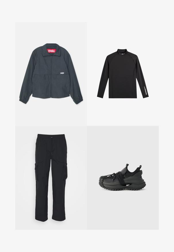 Schwarze Zip-Jacke mit hohem Kragen, ausgestattet mit zwei Fronttaschen, elastischen Bündchen und einem roten Etikett im Kragen.; Schwarzes Langarm-Sportoberteil mit Stehkragen, schlanker Passform und weißem "J.Lindeberg"-Logo am linken Ärmel und Kragen.; Schwarze Cargo-Hosen aus gewebtem Stoff. Mit verstellbarem Bund, Seitentaschen und zwei Utility-Taschen mit Reißverschlüssen.; Emporio Armani Sneaker low - black