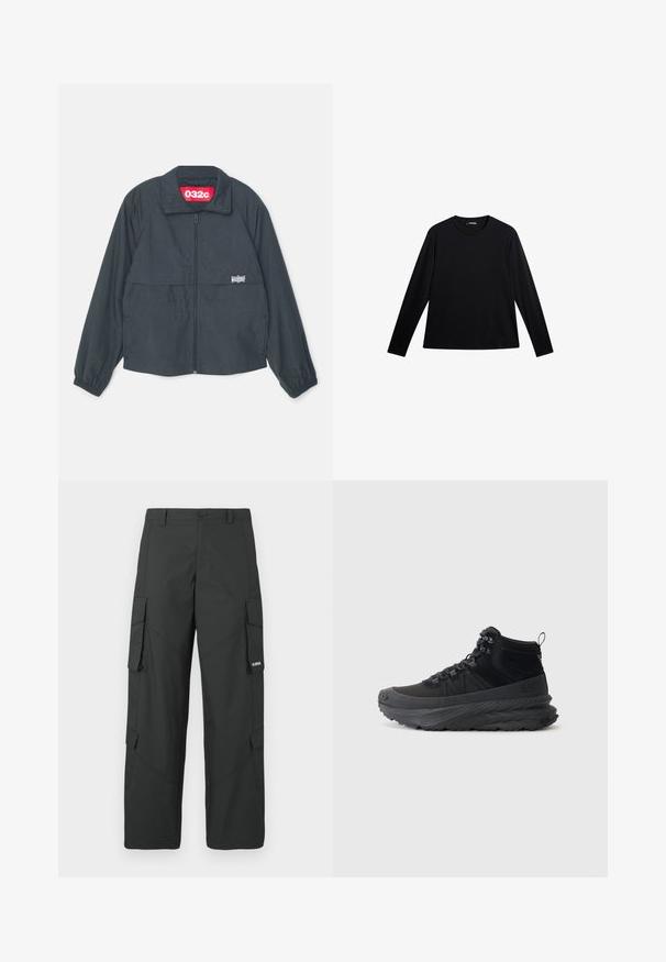 Schwarze Zip-Jacke mit hohem Kragen, ausgestattet mit zwei Fronttaschen, elastischen Bündchen und einem roten Etikett im Kragen.; Schwarzes Langarm-T-Shirt aus glattem Stoff, mit Rundhalsausschnitt und einem dezenten Logo auf der Vorderseite, in lockerer Passform.; Schwarze gerade Cargo-Hosen mit seitlichen Klappentaschen, Druckknopfverschluss, Gürtelschlaufen und kleinem weißen Logo auf der Klappentasche rechts.; Schwarzer High-Top-Sneaker aus strukturiertem Material mit Gummisohle, mit Schnürverschluss, gepolstertem Kragen und Zugschlaufe an der Ferse.