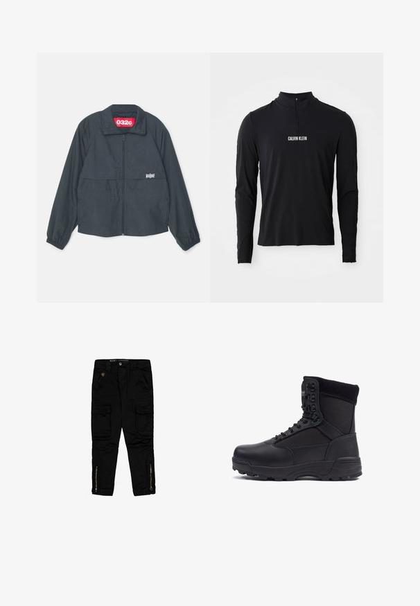 Zwarte zip-up jas met een hoge kraag, voorzien van twee voorkruimelzakken, elastische manchetten en een rood label binnenin de kraag.; Zwarte langemouwen top met hoge kraag, voorzien van een kwart ritssluiting en het witte "CALVIN KLEIN" logo aan de voorkant. Soepele, elastische stof.; Zwarte cargo broeken van katoen, met zijzakken, ritsaccenten bij de enkels en een regular-fit ontwerp.; Zwarte tactical boot met een gladlederen bovenkant en stofpanelen, hoge enkelontwerp, vetersluiting aan de voorkant en robuuste rubberen zool.