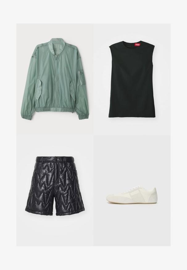 Svetlozelená bomber bunda vyrobená z ľahkého materiálu. Obsahuje zips vpredu, elastické manžety, dve bočné vrecká a zipsované vrecko na ramene.; Čierny top bez rukávov s okrúhlym výstrihom, hladkým materiálom a zipsom na zadnej strane. Obsahuje malú červenú nálepku s logom "032c" na krku.; Čierne prešívané šortky vyrobené z lesklého, polstrovaného materiálu. Obsahujú zips, predné vrecká a na povrchu majú zigzagový steh.; Biele športové topánky so štýlovým dizajnom, s nubukovou špičkou, koženými panelmi a kontrastnými textúrovanými akcentmi. Plná gumová podrážka.