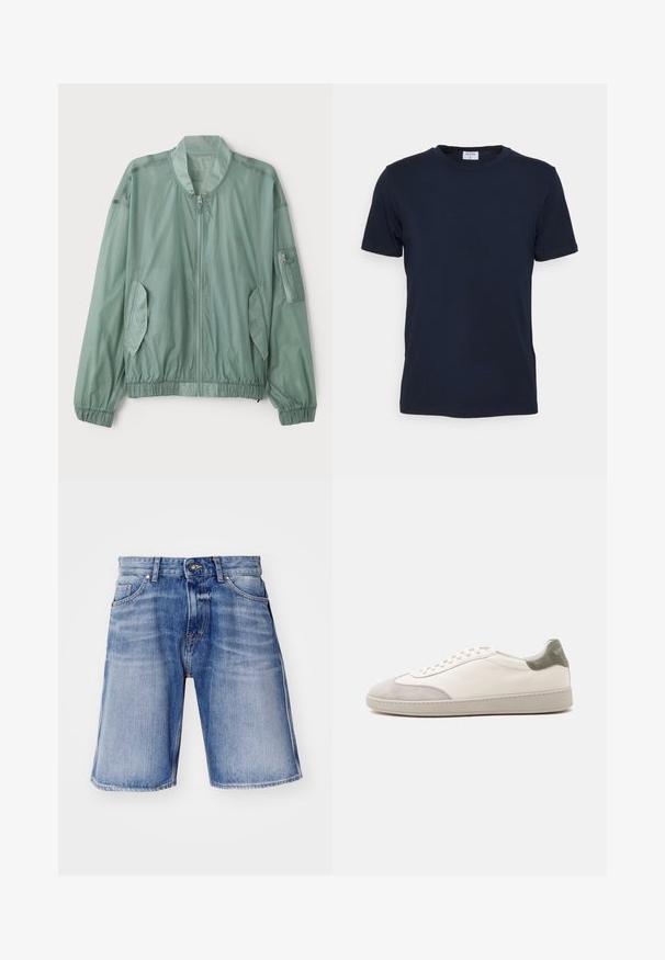 Svetlozelená bomber bunda vyrobená z ľahkého materiálu. Obsahuje zips vpredu, elastické manžety, dve bočné vrecká a zipsované vrecko na ramene.; Námornícky modré tričko s okrúhlym výstrihom vyrobené z mäkkej látky. Krátke rukávy s klasickým strihom, s etiketou na krku. Hladký povrch, minimálny dizajn.; Džínové šortky v svetlej modrej farbe s vyblednutými miestami, s gombíkovým zipsom, dvoma prednými vreckami a kontrastným prešívaním pozdĺž švov.; Biely nízky teniska s jemne sivými semišovými akcentmi na špičke a päte, bielymi šnúrkami a rovným béžovým podrážkou, zobrazená z vonkajšej strany.