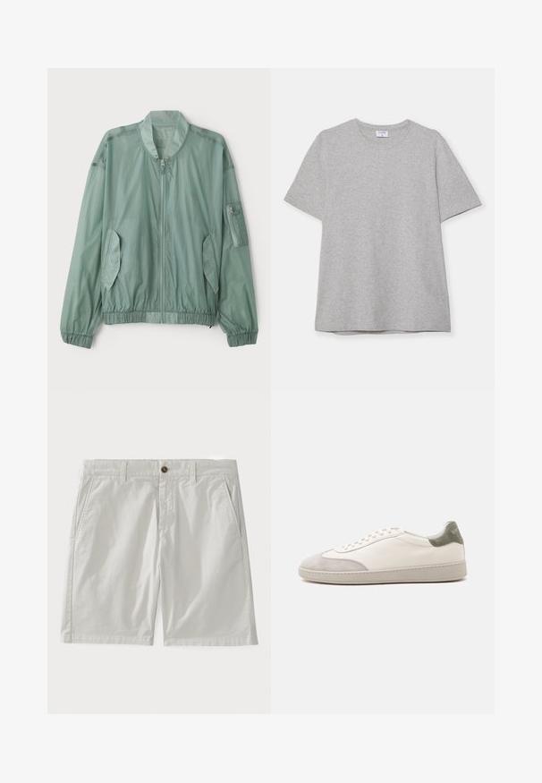 Vaaleanvihreä pommikau Jacket, joka on valmistettu kevyestä kankaasta. Siinä on vetoketjuliitos edessä, elastiset hihansuut, kaksi sivutaskua ja vetoketjullinen tasku hihassa.; Harmaa lyhythihainen T-paita, joka on valmistettu pehmeästä ja teksturoidusta kankaasta. Varustettu klassisella pyöreällä pääntiellä ja suoraselkäisellä helman kanssa, sopii rentoon pukeutumiseen.; Valkoiset puuvillashortsit, joissa on napitus, vyölenkit ja sivutaskut. Kangas näyttää sileältä ja siinä on klassinen, muotoiltu design.; Valkoinen matalavartinen tennari, jossa vaaleanharmaat mokkanahkaiset varpaiden ja kannan yksityiskohdat, valkoiset nauhat ja litteä beige pohja, nähtynä ulkosivulta.