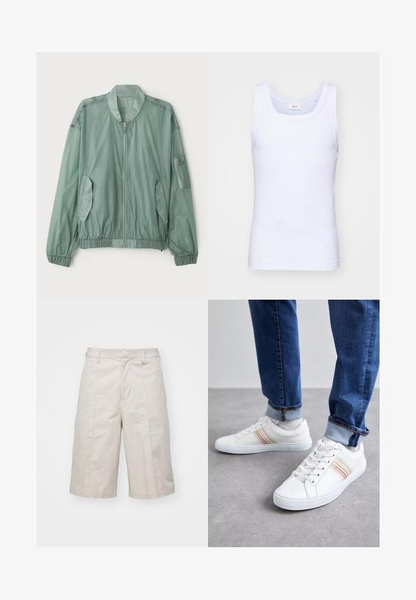 Svetlozelená bomber bunda vyrobená z ľahkého materiálu. Obsahuje zips vpredu, elastické manžety, dve bočné vrecká a zipsované vrecko na ramene.; Biela bavlnená tielko bez rukávov s okrúhlym výstrihom, s hladkou textúrou a priliehavým strihom, navrhnuté pre neformálne nosenie.; Béžové bavlnené šortky so rovný strihom, po kolená, s dvoma prednými vreckami a jemnými záhybmi pre dodatočnú textúru.; Biele kožené tenisky s viacfarebnými prúžkami, šnurovací dizajn, gumená podrážka a polstrovaný golier, skombinované s modrými džínami.