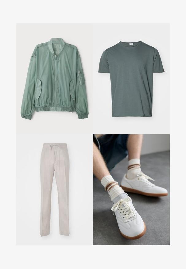 Vaaleanvihreä pommikau Jacket, joka on valmistettu kevyestä kankaasta. Siinä on vetoketjuliitos edessä, elastiset hihansuut, kaksi sivutaskua ja vetoketjullinen tasku hihassa.; Tummanvihreä pyöreäkauluksinen t-paita, lyhyet hihat, pehmeä kangas, rento malli, sileä rakenne, ei näkyviä kuvioita tai yksityiskohtia.; Vaaleanbeiget housut, joissa on pystysuoria ohuita raitoja, joustava vyötärö ja nyöri. Pehmeä kangas, suora lahjemuoto.; Valkoiset nahkalenkkarit, joissa on sileä pinta, harmaat samettikoristeet, beige kumipohjat ja tasaiset nauhat. Paritettu kermaan ja ruskeaan raidallisten sukkien kanssa.
