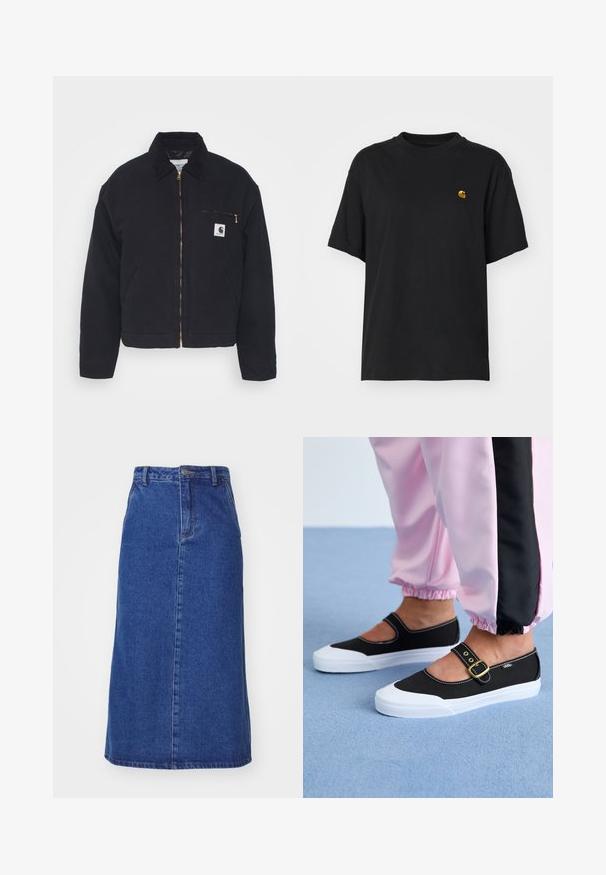 Zwart denim jack met een corduroy kraag, ritssluiting vooraan en een borstzak met een gouden rits en een logo patch aan de linkerkant.; Zwarte katoenen t-shirt met een relaxte pasvorm. Heeft een ronde hals en korte mouwen. Bevat een klein goud geborduurd logo op de borst.; Donzen rok in donkerblauw, met een getailleerde taille, rechte pasvorm en naden aan de voorkant, met een zoom die onder de knie valt.; Zwarte canvas schoenen met een witte zool, met een uitgesneden ontwerp en een gouden gespband. Draagt met roze joggingsbroek.