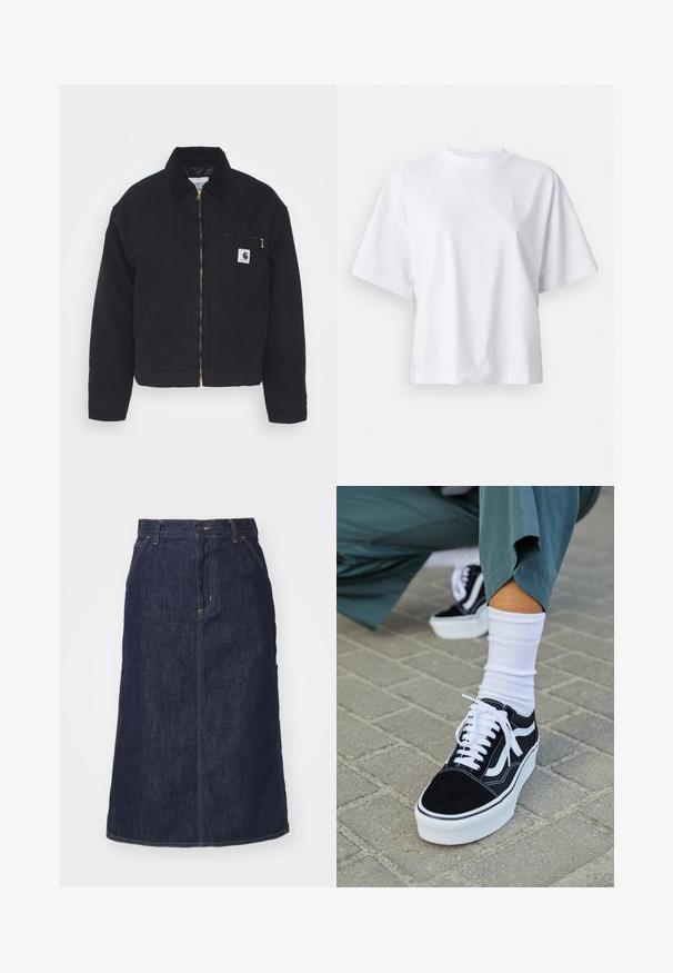Veste en denim noir avec un col en velours côtelé, fermeture éclair à l'avant et une poche poitrine avec une fermeture éclair dorée et un patch logo sur le côté gauche.; T-shirt en coton blanc avec une coupe décontractée, des manches courtes et un col rond côtelé. Présente un branding subtil sur la poitrine.; Jupe en denim foncé à taille haute, coupe droite, poches avant et coutures surpiquées. Fermeture à glissière et bouton à la taille.; Baskets en suède noir avec des accents et des lacets blancs, présentant une épaisse semelle blanche et des coutures contrastantes, associées à une chaussette blanche.