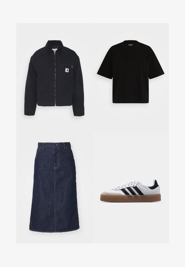 Zwart denim jack met een corduroy kraag, ritssluiting vooraan en een borstzak met een gouden rits en een logo patch aan de linkerkant.; Zwart katoenen t-shirt met een ontspannen pasvorm, korte mouwen, ronde hals en een klein logo-detail op de linkerkant van de borst.; Donkere spijkerrok met een hoge taille, recht gesneden, voorzakken en gestikte naden. Voorzien van een rits en knoopsluiting op de taille.; Witte leren sneakers met zwarte strepen, gumrubberen buitenzool, ronde neus, vetersluiting en een zachte grijze suède neuskap.