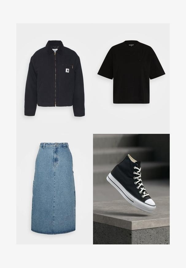 Veste en denim noir avec un col en velours côtelé, fermeture éclair à l'avant et une poche poitrine avec une fermeture éclair dorée et un patch logo sur le côté gauche.; T-shirt en coton noir avec une coupe décontractée, manches courtes, col rond, et un petit logo sur la poitrine gauche.; Obey Clothing JUNIPER MIDI SKIRT - Jupe trapèze - stonewash indigo; Baskets montantes noires avec lacets blancs et semelle en caoutchouc, en équilibre sur le bord d'une plateforme en béton gris.