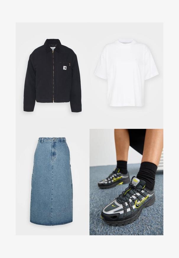 Zwart denim jack met een corduroy kraag, ritssluiting vooraan en een borstzak met een gouden rits en een logo patch aan de linkerkant.; Witte katoenen t-shirt met een ronde hals, korte mouwen en een ontspannen pasvorm. Heeft een subtiel logo op het linkerborstgedeelte. Zachte textuur.; Obey Clothing JUNIPER MIDI SKIRT - A-lijn rok - stonewash indigo; Zwarte en grijze sport schoenen met reflecterende zilveren accenten, gestructureerde meshpanelen en felgele details. Vetersluiting met een gestructureerde zool.