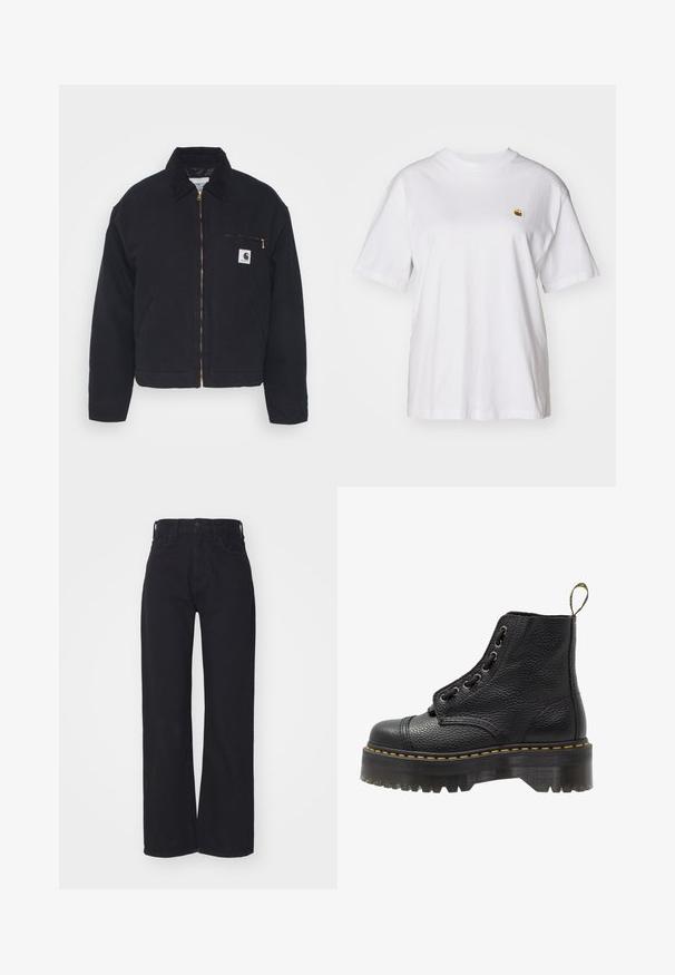 Zwart denim jack met een corduroy kraag, ritssluiting vooraan en een borstzak met een gouden rits en een logo patch aan de linkerkant.; Witte katoenen t-shirt met een relaxte pasvorm, korte mouwen en een klein geborduurd logo op de linkerborst.; Zwarte hoge taille wijdlopende jeans met een sluiting aan de voorkant met knoop en rits, ceintuurlussen en twee voorzakken op een witte achtergrond.; Zwarte leren enkelboot met een gestructureerd oppervlak, ronde neus, vetersluiting, gele stiksels en een dikke, geribbelde zwarte plateauzool.