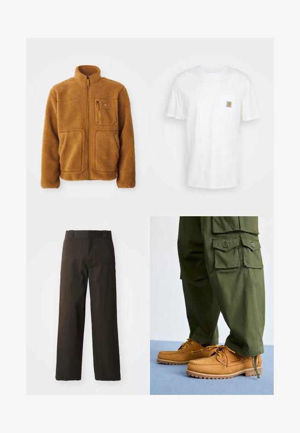 Fleece jas in een warme bruine kleur met een volledige rits, hoge kraag, twee voorzakken en een borstzak met ritssluiting.; Witte katoenen t-shirt met korte mouwen, een borstzak en een klein vierkant logo-opdruk in oranje en wit op de zak.; Zwarte katoenen broek met een recht model, voorzien van een knoopsluiting en een klassieke tailleband. Gladde textuur, zonder patronen of accenten.; Timberland AUTHENTIC 3 EYE - Bootschoenen - wheat