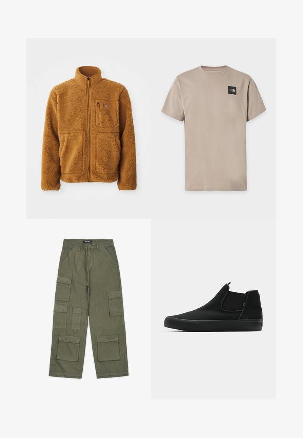 Fleecejacke in einem warmen Braunton mit durchgehendem Reißverschluss, hohem Kragen, zwei Fronttaschen und einer Brusttasche mit Reißverschluss.; Beige kurzärmeliges T-Shirt mit Rundhalsausschnitt und kleinem schwarzen The North Face-Logo auf der oberen linken Brust.; Olivgrüne Cargo-Hosen aus weichem Stoff mit mehreren Taschen, geradem Schnitt und gesteppten Details. Markenlogo am Bund.; Schwarze Slip-On High-Top Sneaker mit elastischen Seitenstücken und strukturiertem Gummisohle auf einem weißen Hintergrund.