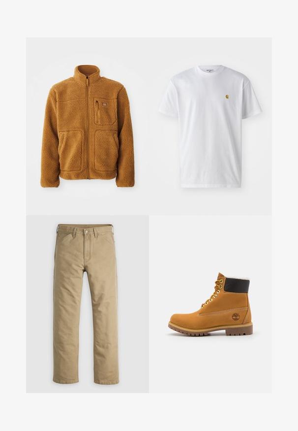 Fleecová bunda v teplej hnedej farbe s plným zipsom, vysokým golierom, dvoma prednými vreckami a náprsním vreckom so zipsom.; Biele bavlnené tričko s krátkymi rukávmi, okrúhlym výstrihom, s malým zlatým logom na ľavej strane hrude. Mäkká textúra a normálny strih.; Bavlnené nohavice v khaki farbe so strihom rovnej nohy, prednými vreckami a zapínaním na gombík. Hladká textúra a zosilnené švy pre odolnosť.; Hnedé kožené ankle boot s kovovými očkami, bielym kožúškom vo vnútri, čiernym vypolstrovaným golierom, robustnou podrážkou a vyrazeným logom na boku.