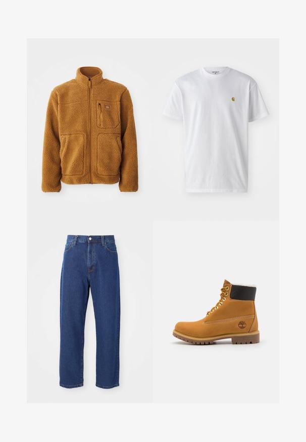 Fleece jas in een warme bruine kleur met een volledige rits, hoge kraag, twee voorzakken en een borstzak met ritssluiting.; Witte katoenen t-shirt met korte mouwen en ronde hals, voorzien van een klein gouden logo op de linkerkant van de borst. Zachte textuur en een normale pasvorm.; Hoge taille blauwe jeans van denim, met een rechte pijp silhouet, zichtbare stiksels en een sluiting met een voorknoop.; Bruine leren enkellaars met metalen oogjes, witte faux bont voering, zwarte gewatteerde kraag, robuuste zool en een reliëflogo aan de zijkant.