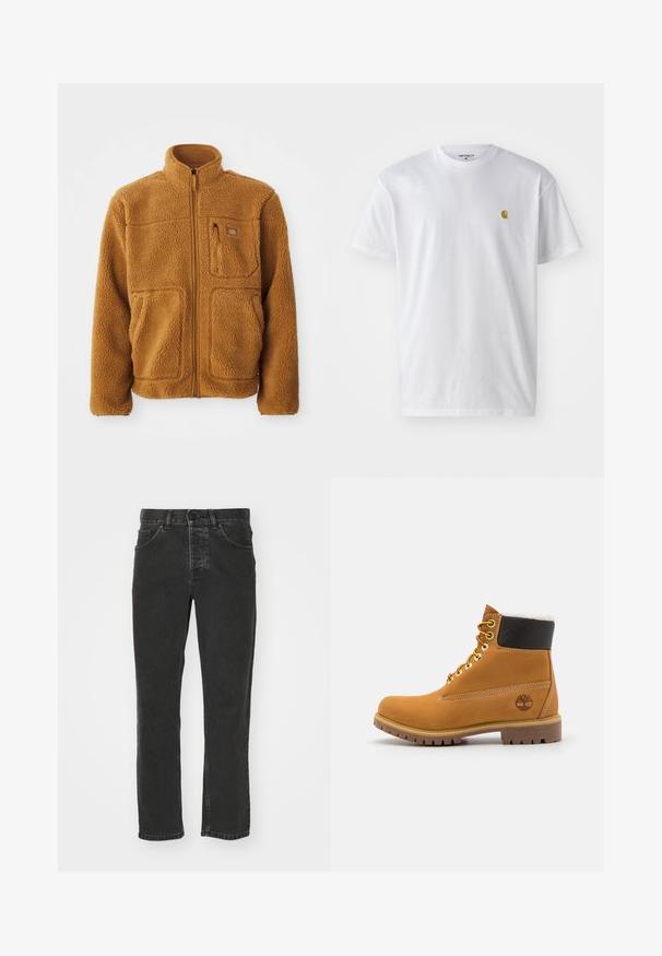 Fleece jas in een warme bruine kleur met een volledige rits, hoge kraag, twee voorzakken en een borstzak met ritssluiting.; Witte katoenen t-shirt met korte mouwen en ronde hals, voorzien van een klein gouden logo op de linkerkant van de borst. Zachte textuur en een normale pasvorm.; Zwarte denim jeans met een recht gesneden ontwerp, klassieke vijf-pocket styling, knoop tailleband en een vervaagde afwerking. Gladde textuur, geen zichtbare patronen.; Bruine leren enkellaars met metalen oogjes, witte faux bont voering, zwarte gewatteerde kraag, robuuste zool en een reliëflogo aan de zijkant.