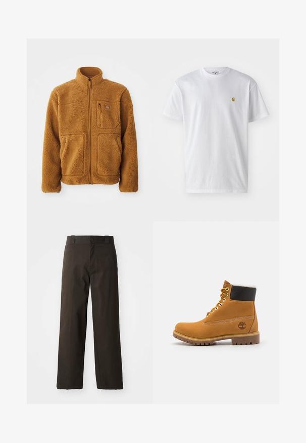 Fleecejacke in einem warmen Braunton mit durchgehendem Reißverschluss, hohem Kragen, zwei Fronttaschen und einer Brusttasche mit Reißverschluss.; Weißes Baumwoll-T-Shirt mit kurzen Ärmeln, Rundhalsausschnitt, mit einem kleinen goldenen Logo im linken Brustbereich. Weicher Stoff und normale Passform.; Schwarze Baumwollhosen mit geradem Bein, ausgestattet mit einem Knopfverschluss und einem klassischen Bund. Glatte Textur, keine Muster oder Akzente.; Braune Leder-Ankle-Boots mit Metallösen, weißem Kunstfellfutter, schwarzem gepolstertem Kragen, robustem Sohlenprofil und geprägtem Logo an der Seite.