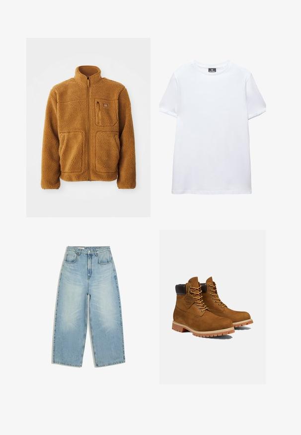 Fleece jas in een warme bruine kleur met een volledige rits, hoge kraag, twee voorzakken en een borstzak met ritssluiting.; Effen wit T-shirt met korte mouwen en een ronde hals met een zwart Pull&Bear-label aan de binnenkant van de kraag, afgebeeld op een witte achtergrond.; Lichtblauwe denim jeans met hoge taille, wijde pijpen, voorzakken, riemlussen en een knoop-ritssluiting.; Bruine suède enkellaarsjes met een gevoerde zwarte kraag, gouden oogjes en een dikke rubberen zool met een profielpatroon voor grip.