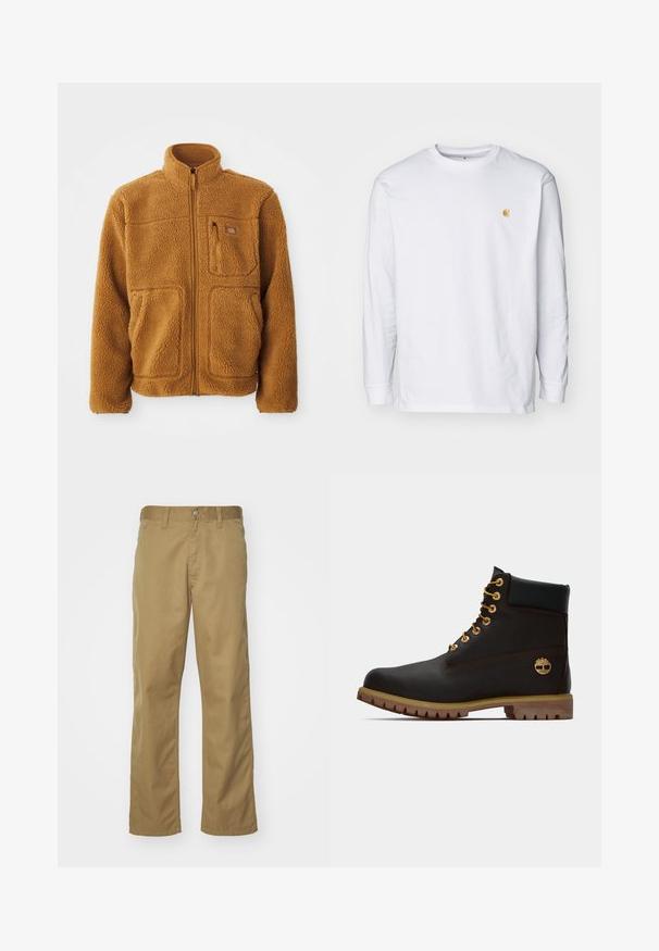 Fleece jas in een warme bruine kleur met een volledige rits, hoge kraag, twee voorzakken en een borstzak met ritssluiting.; Witte lange mouwen t-shirt van katoen. Voorzien van een klein gouden logo op de borst en een ronde hals. Eenvoudig ontwerp en standaard pasvorm.; Khaki chino's met een recht gesneden ontwerp, gemaakt van soepel katoenstof. Voorzien van een knoopsluiting aan de voorkant en zijzakken.; Zwarte leren enkellaars met gouden oogjes, bruine accenten en een rubberen zool. Heeft een gevoerde kraag en geperst logo aan de zijkant.