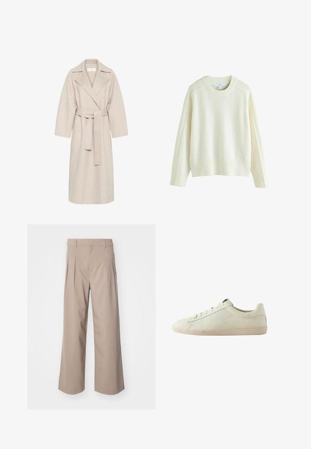 Beige uldblandakot med en klippet krave, bælte i taljen og brede ærmer. Har et rent design og mellemlangt skjorte. Tekstureret overflade.; Kremfarvet strikket sweater med ribstrikkede manchetter og kant, med rund halsudskæring og afslappet pasform. Blød tekstur, minimalistisk design, ingen mønstre.; Beige brede bukser med læg, lavet af glat stof. Har en mellemhøj talje og en ren, skræddersyet silhuet.; Lavskaftet hvid lædersneakers med tekstureret overflade, snørelukning og en beige gummisål, vist fra siden på en hvid baggrund.
