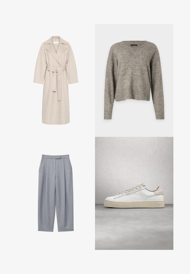 Beige wollen mengstof jas met een gekarteld kraag, een ceintuur in de taille en brede mouwen. Heeft een strak design en een middellange zoom. Gestructureerd oppervlak.; V-hals, langzijdige trui in lichtgrijze gebreide stof met geribbelde zoom. Lichte textuur, iets cropped ontwerp met een relaxte pasvorm.; Grijze broek met een op maat gemaakt ontwerp, voorzien van plooien, zijzakken en een rechte pijp. Gladde textuur en een middenhoog tailleband.; Witte leren sneaker met een glanzende afwerking, beige suède accenten, ronde neus, platte vetersluiting en een getextureerde rubberen zool.
