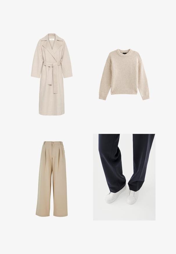 Abrigo de mezcla de lana beige con cuello de muesca, cintura ceñida y mangas anchas. Presenta un diseño limpio y un dobladillo de longitud media. Superficie texturizada.; Jersey de punto beige con cuello redondo, mangas largas y dobladillo acanalado. Tela texturizada con una apariencia suave. Diseño simple y versátil.; Pantalones de pierna ancha beige con pliegues en la parte delantera, cierre de botón y una textura suave. Presenta una cinturilla entallada y bolsillos laterales.; Zapatillas blancas con suelas de goma texturizadas y cordones planos, combinadas con pantalones azul marino oscuro que muestran una tela suelta, suave y un corte a medida.