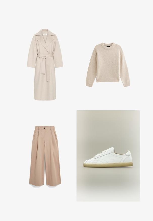 Beige Wollmischungsmantel mit Reverskragen, tailliertem Bund und weiten Ärmeln. Verfügt über ein schlichtes Design und einen mittellangen Saum. Texturierte Oberfläche.; Beige gestrickter Pullover mit Rundhalsausschnitt, langen Ärmeln und geripptem Saum. Texturierter Stoff mit weicher Optik. Einfaches und vielseitiges Design.; Beige Hosen mit weitem Bein, Falten, Seitenstaschen, Gürtelschlaufen und Knopfverschluss am Bund, auf weißem Hintergrund dargestellt.; Weißer Leder-Sneaker mit niedrigem Schnitt, beiger Sohle, Schnürdesign und dezenten gesteppten Mustern auf neutralem Hintergrund.