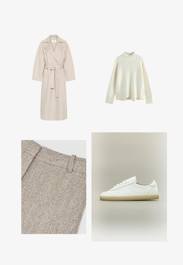 Abrigo de mezcla de lana beige con cuello de muesca, cintura ceñida y mangas anchas. Presenta un diseño limpio y un dobladillo de longitud media. Superficie texturizada.; Jersey de color crema con un cuello de tipo mock ribeteado, mangas largas y un corte holgado. Tela de punto texturizada y detalle de ribete en el dobladillo inferior.; Tela con patrón de espiga en tonos beige y gris, con una pretina estructurada y una textura de tejido intrincado.; Zapatilla de piel blanca de corte bajo con suela beige, diseño con cordones y patrones sutiles cosidos sobre fondo neutro.