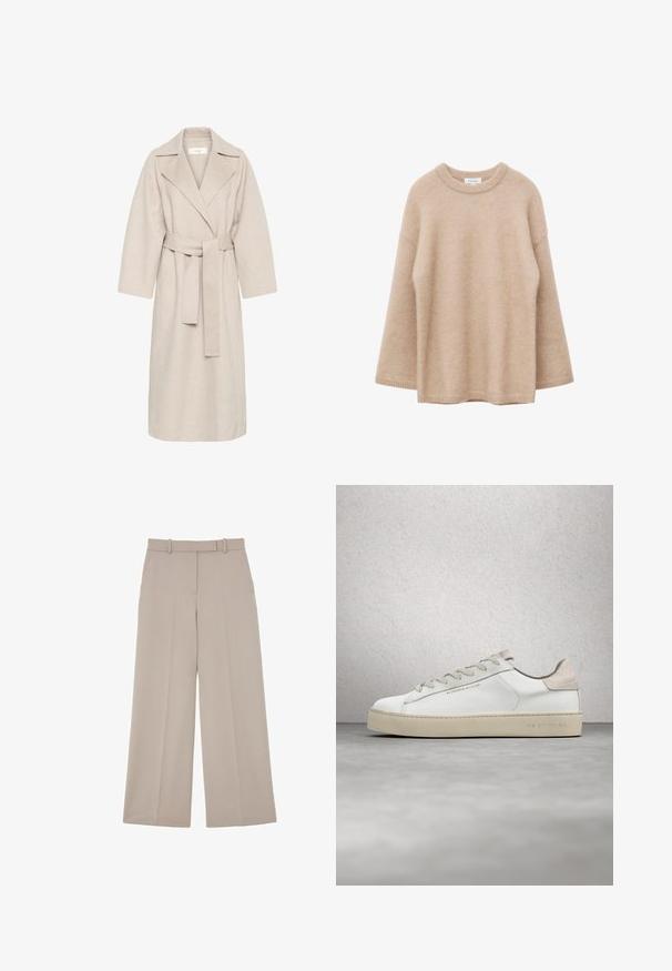 Beige uldblandakot med en klippet krave, bælte i taljen og brede ærmer. Har et rent design og mellemlangt skjorte. Tekstureret overflade.; Beige langærmet sweater med rund hals, blød og fnugget tekstur og løs pasform, vist mod en hvid baggrund.; Beige bukser med vide ben, bæltestropper, forlommer og presning ned langs midten af hvert ben.; Hvide lædersneakers med en glat overflade, beige ruskindsdetaljer, rund tå, flad snørebåndsdesign og en struktureret gummisål.