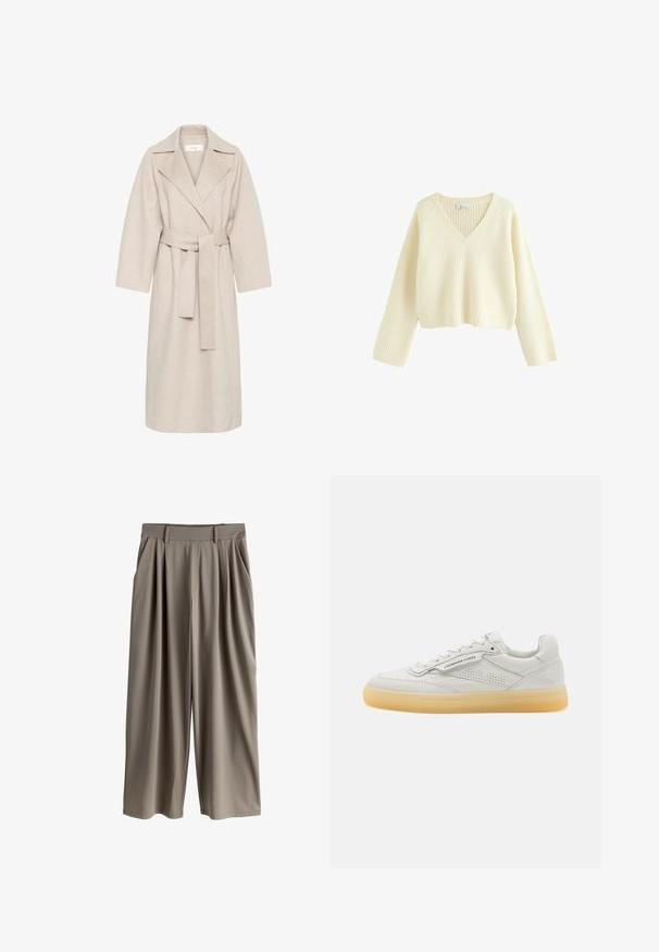 Beige uldblandakot med en klippet krave, bælte i taljen og brede ærmer. Har et rent design og mellemlangt skjorte. Tekstureret overflade.; Cremefarvet, cropped sweater med ribbet tekstur, V-hals og lange ærmer. Har en afslappet pasform og et enkelt design.; Beige bukser med vide ben, læg, bæltestropper og sidelommer, designet til en afslappet pasform.; Hvide lædersneakers med perforerede detaljer, rund tå og cremefarvet gummisål. Har tonalt syning og et minimalistisk design.