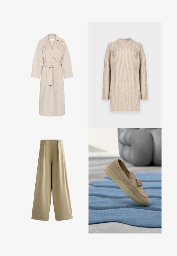 Beige Wollmischungsmantel mit Reverskragen, tailliertem Bund und weiten Ärmeln. Verfügt über ein schlichtes Design und einen mittellangen Saum. Texturierte Oberfläche.; Beige gestrickter Pullover mit V-Ausschnitt, langen Ärmeln und gerippter Textur. Lockere Passform mit geradem Schnitt, betont einen gemütlichen Stil und Komfort.; Beige Hosen mit weitem Bein, hoher Taille und mit Knöpfen versehene Schlaufen an jeder Seite des Bunds, glatter Vorderseite und langem Saum.; Beiger Wildlederloafer mit Quasten, der über einem blau strukturierten Teppich schwebt, weiche graue Sitzgelegenheit im unscharfen Hintergrund.