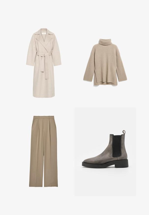 Beige uldblandakot med en klippet krave, bælte i taljen og brede ærmer. Har et rent design og mellemlangt skjorte. Tekstureret overflade.; Beige rillede turtleneck sweater med en afslappet pasform, der har lange ærmer og en sideslidskant, lavet af et blødt, tekstureret strikstof.; Reiss EDEN HALF ELASTICATED WIDE LEG - Bukser - mink neutral; Grå læder chelsea støvle med tekstureret finish, elastiske sidedele, hængestrop og sort gummisål. Slank, taperet design med minimale accenter.