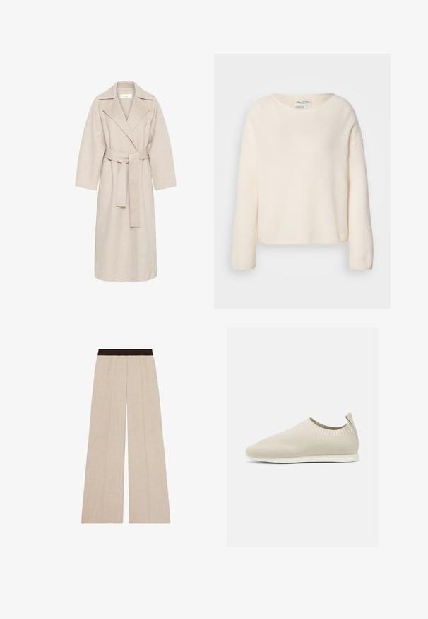 Beige uldblandakot med en klippet krave, bælte i taljen og brede ærmer. Har et rent design og mellemlangt skjorte. Tekstureret overflade.; Kremfarvet sweater med rund halsudskæring, sænkede skuldre og lange ærmer. Blødt, tekstureret stof med en let cropped pasform.; Beige bukser med vide ben og en mørkebrun elastisk talje, med subtile vertikale sømdetaljer.; Beige strikket slip-on sko med lav profil, tekstureret overdel og fleksibel sål. Har et vævet design omkring anklene for komfort.