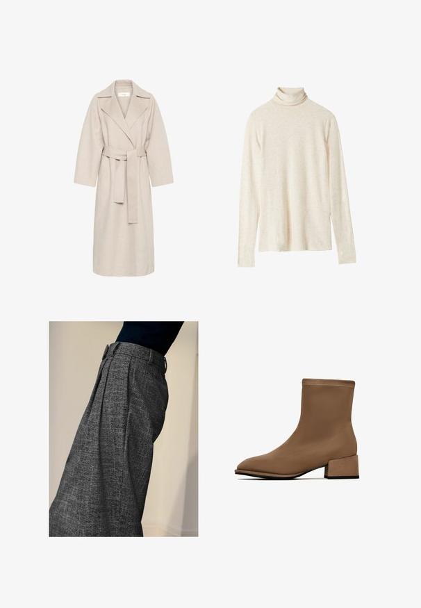 Beige Wollmischungsmantel mit Reverskragen, tailliertem Bund und weiten Ärmeln. Verfügt über ein schlichtes Design und einen mittellangen Saum. Texturierte Oberfläche.; Beige Rollkragenpullover mit langen Ärmeln aus weichem Stoff, mit lockerer Passform, subtiler Textur und ohne sichtbare Muster oder Akzente.; Person, der hoch taillierte graue strukturierten Hosen mit vorderen Falten und einem schwarzen Oberteil trägt, von der Seite vor einem schlichten Hintergrund gezeigt.; Braune Knöchelstiefel aus glattem Material mit einer spitzen Zehe und einem kurzen, klobigen Absatz. Verfügt über ein sauberes, gestepptes Nahtdetail.