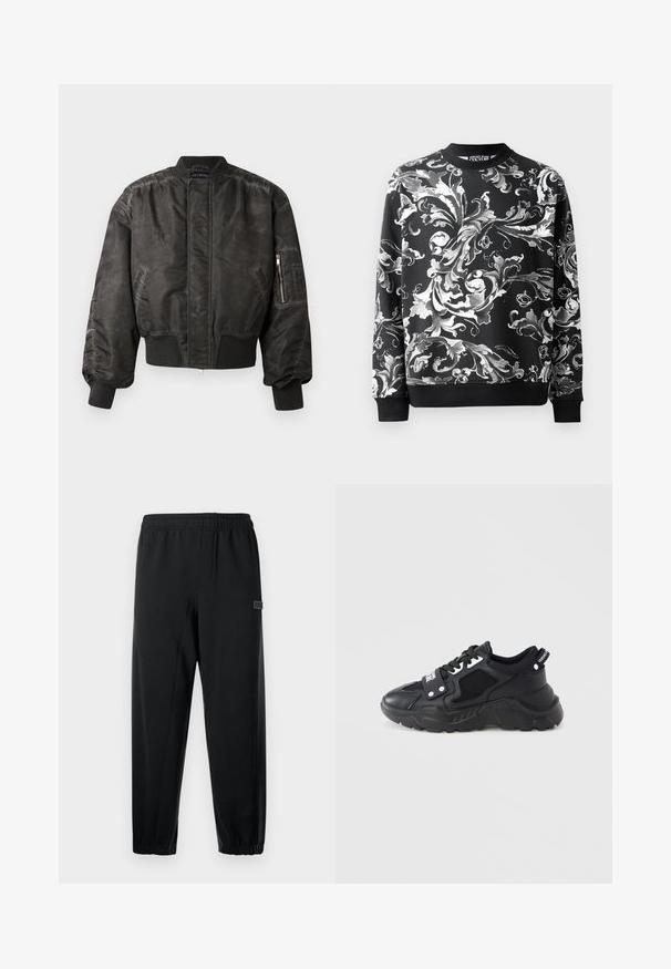 Veste bomber noire avec une finition lisse et texturée, des poignets et un ourlet côtelés, une poche zippée sur la manche et un design minimaliste.; Sweatshirt noir avec des motifs floraux blancs élaborés, col rond et manches côtelées. Tissu lisse avec une coupe décontractée.; Pantalons de survêtement noirs avec une taille élastique, des jambes fuselées et une petite patch de marque. Fabriqués en tissu lisse et léger.; Baskets noires à semelle épaisse, avec des panneaux en mesh et des accents en cuir. Comprennent des lacets blancs et un logo sur le côté.